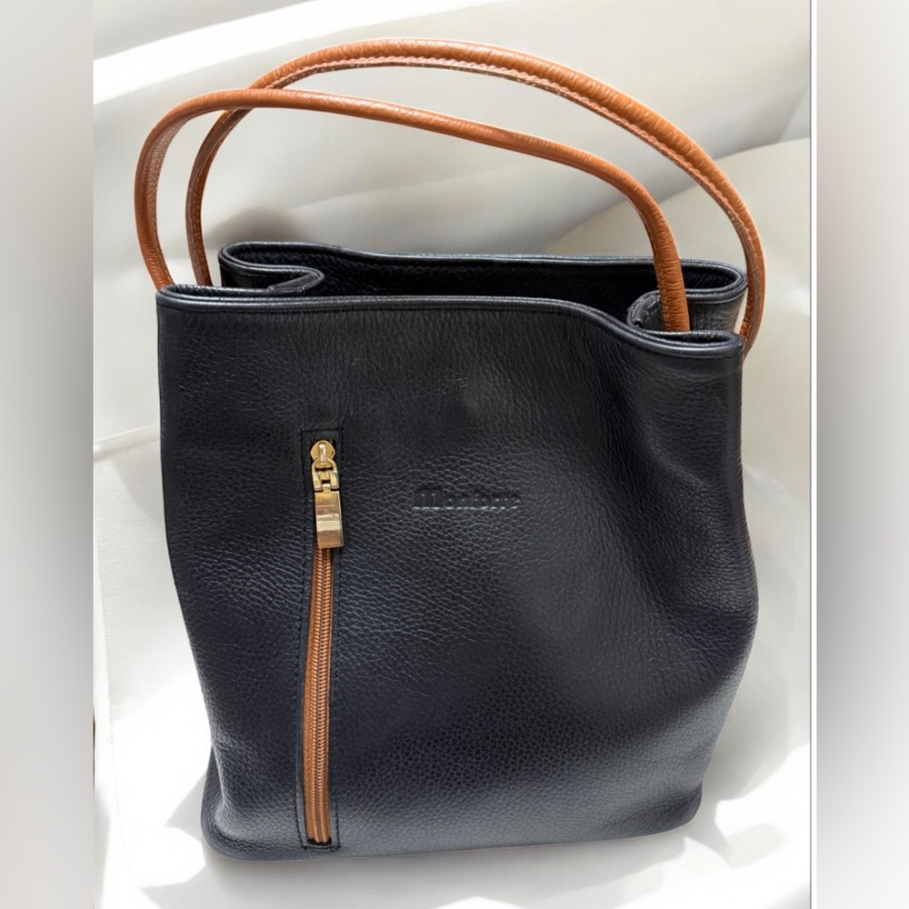 Monforte Italy‎ Leather Handbag Black Pebbled Brown Trim Gold Hardware 10”x9”x6”